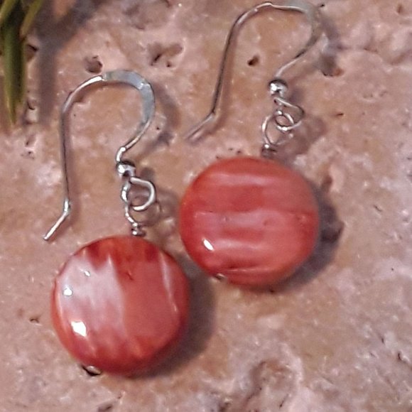 Native American Sterling & Orange Spiny Oyster Shell Earrings Ear Wires - Picture 1 of 4